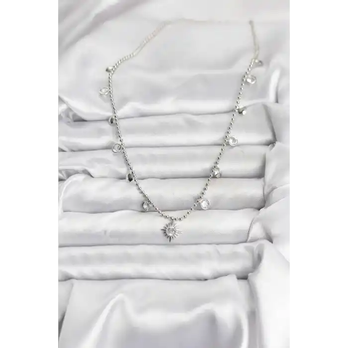 Zirkon Taşlı Kutup Yıldızı Model Pirinç Gümüş Renk Kadın Kolye