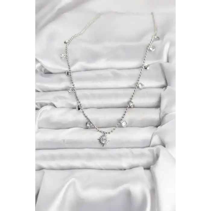 Zirkon Taşlı Kutup Yıldızı Model Pirinç Gümüş Renk Kadın Kolye