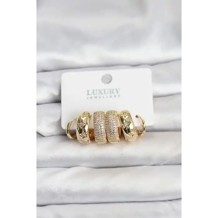 Zirkon Taşlı Pirinç Gold Renk Halka Kadın Küpe Seti