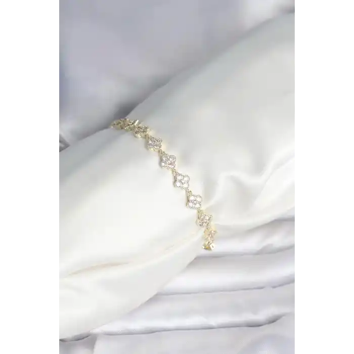 Zirkon Taşlı Pirinç Yonca Model Bileklik