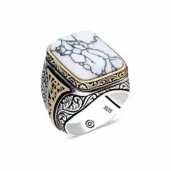 ​Gümüş Beyaz Çizgili Havlit Taşlı Kare Erkek Yüzük