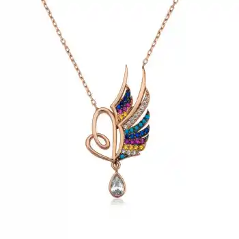 ​​Gümüş Rose Kanatlı Kalp Bayan Kolye