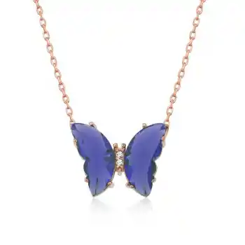 ​Gümüş Rose Mavi Cam Kelebek Kolye