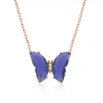 ​Gümüş Rose Mavi Cam Kelebek Kolye