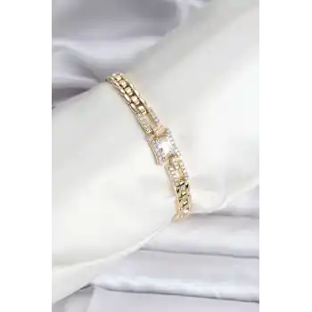 14K Gold Renk Kaplama Zirkon Kare Taşlı CM Kadın Bileklik