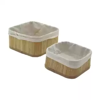2Lİ   KARE   BAMBU KENAR  ORGANİZER SEPET AHŞAP ALTLIK - BEZLİ 21X21X10CM - 17X17X8CM (5069)