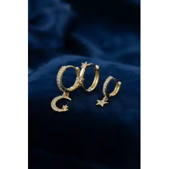 3 lü Ay ve Yıldız Model Gold Renk Set Küpe
