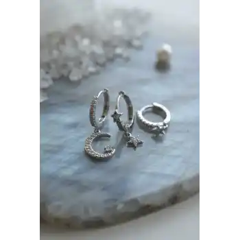 3 lü Ay ve Yıldız Model Gümüş Renk Set Küpe