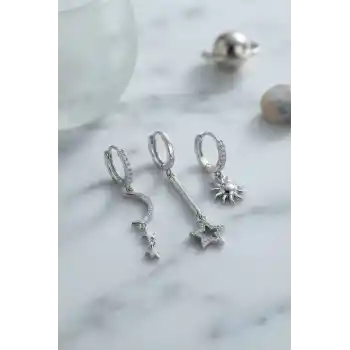 3 lü Set Ay Yıldız ve Güneş Model Gümüş Renk Kadın Küpe