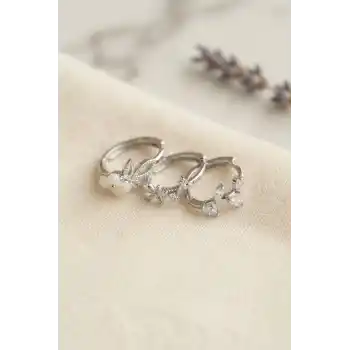 3 lü Set Çiçek Model Gümüş Renk Kadın Küpe
