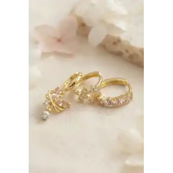 3 lü Set Gold Renk Zirkon Taşlı Kelebek Model Küpe