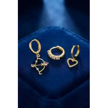 3 lü Set Küpe Gold Renk Eros Yay Detaylı