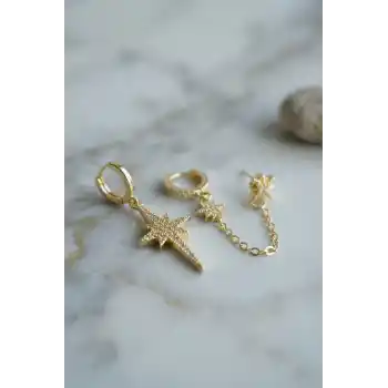 3 lü Set Küpe Gold Renk Zincir Detaylı