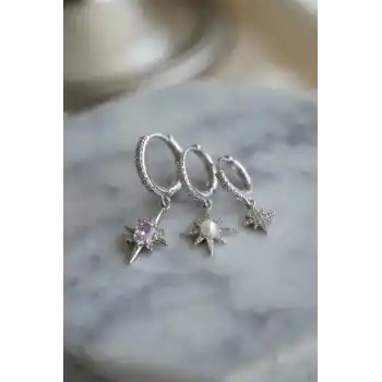 3 lü Set Küpe Gümüş Renk Kutup Yıldızı Model