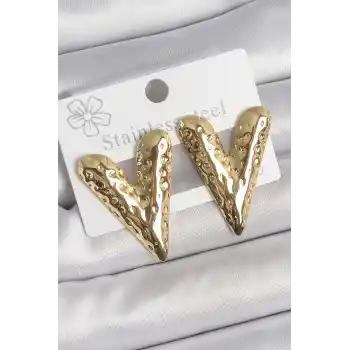 316 Çelik Gold Renk İşlemeli Kalp Model Kadın Küpe