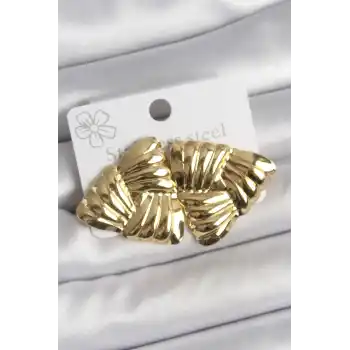 316 Çelik Gold Renk İşlemeli Üçgen Model Kadın Küpe