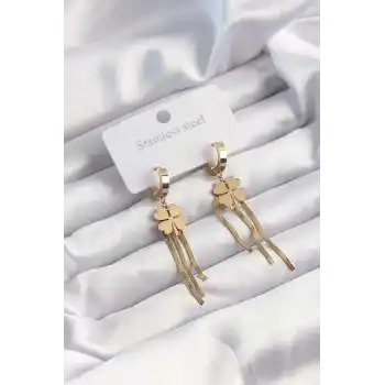 316L Çelik Altın Renk İtalyan Zincirli Yonca Model Halka Küpe