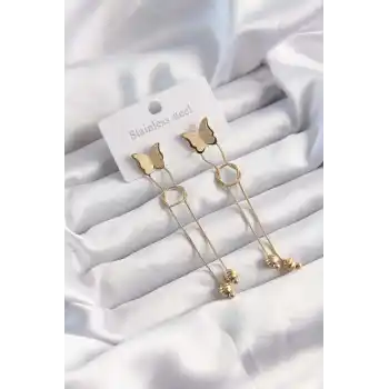 316L Çelik Altın Renk Sallantılı Düğüm Model Kelebek Küpe