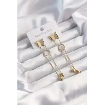 316L Çelik Altın Renk Sallantılı Düğüm Model Kelebek Küpe