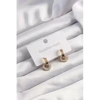 316L Çelik Altın Renk Zirkon Taşlı Halka Model Küpe