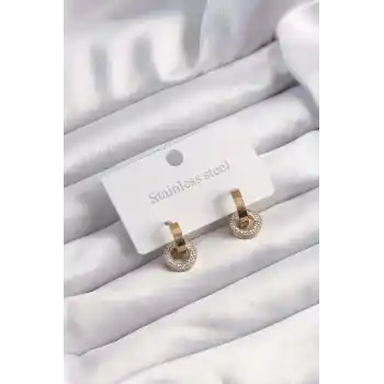 316L Çelik Altın Renk Zirkon Taşlı Halka Model Küpe