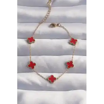 316L Çelik Baby Boy Gold Renk Kırmızı Mineli Yonca Bileklik