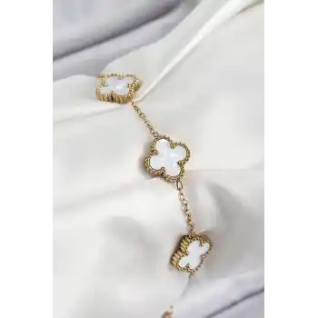 316L Çelik Beyaz Sedef Yonca Model Gold Renk Kadın Bileklik