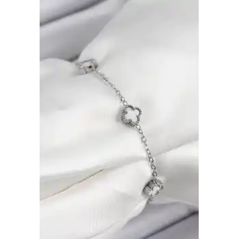 316L Çelik Beyaz Sedef Yonca Model Gümüş Renk Kadın Bileklik