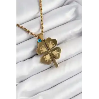 316L Çelik Burgu Zincirli Nazar Detaylı Yonca Model Gold Renk Kadın Kolye
