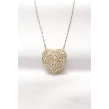 316L Çelik Çift Renk Zirkon Taşlı Kalp Kolye