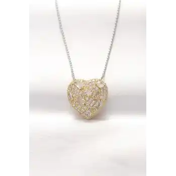 316L Çelik Çift Renk Zirkon Taşlı Kalp Kolye