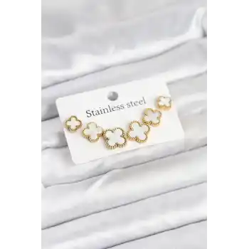 316L Çelik Gold Beyaz Renk 3 Boy Yonca Küpe Seti