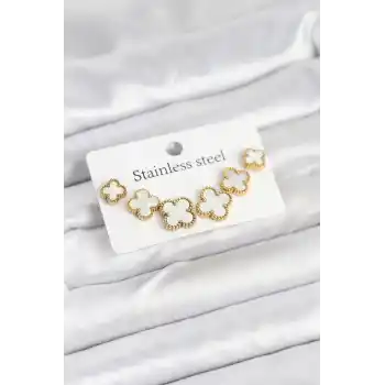 316L Çelik Gold Beyaz Renk 3 Boy Yonca Küpe Seti