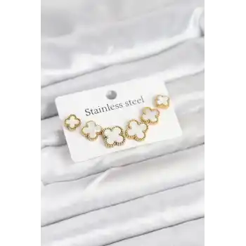 316L Çelik Gold Beyaz Renk 3 Boy Yonca Küpe Seti