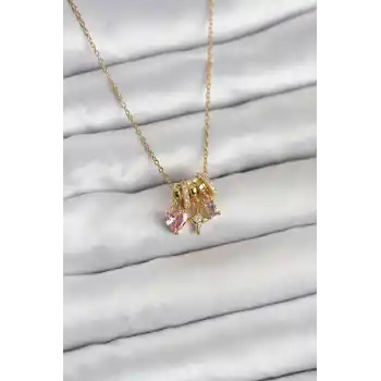316L Çelik Gold Pembe Zirkon Taşlı Charmlı Kadın Kolye