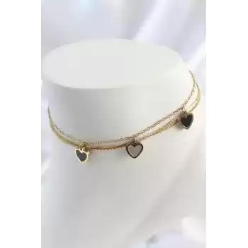 316L Çelik Gold Renk 2Li İtalyan Zincir Model Sallantı Kalp Figür Kadın Halhal