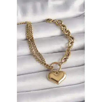 316L Çelik Gold Renk 2Li Zincir Model Kalp Figür Kadın Bileklik