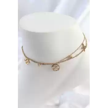 316L Çelik Gold Renk 2Li Zincir Rüya Kapnı Figür Zirkon Taş Detay Kadın Halhal
