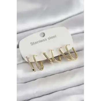 316L Çelik Gold Renk 6lı Set Geometrik Model Kadın Küpe