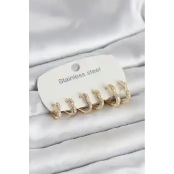 316L Çelik Gold Renk 6lı Set Kalp Form Kadın Küpe