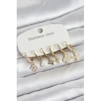 316L Çelik Gold Renk 6lı Set Yonca Model Kadın Küpe