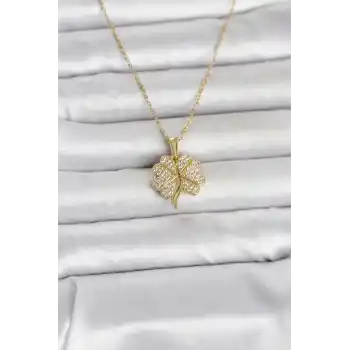 316L Çelik Gold Renk Açılabilir Yonca Model Zirkon Taşlı Kadın Kolye