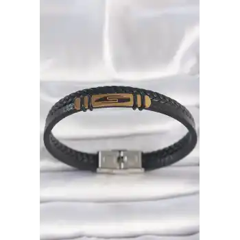 316L Çelik Gold Renk Aksesuarlı Çift Sıra Siyah Burgu Desenli Deri Kordon Erkek Bileklik