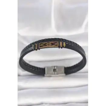 316L Çelik Gold Renk Aksesuarlı Çift Sıra Siyah Burgu Desenli Deri Kordon Erkek Bileklik