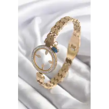 316L Çelik Gold Renk Arpa Model Zirkon Taş Detay Çeyrek Altın Takılabilir Kadın Kelepçe