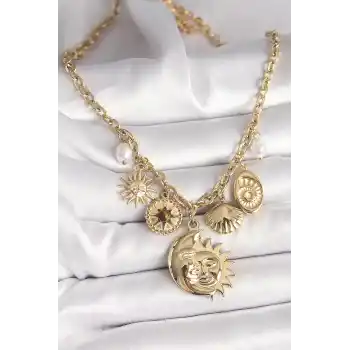 316L Çelik Gold Renk Ay Güneş Figür Deniz Kabuğu Detay Kadın Kolye