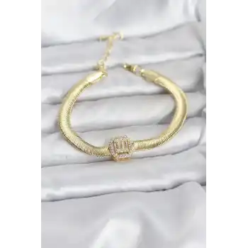 316L Çelik Gold Renk Baget Zirkon Taşlı Yılan Zincirli Kadın Bileklik