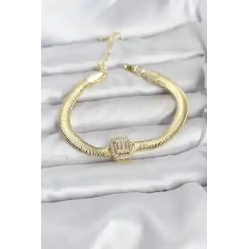 316L Çelik Gold Renk Baget Zirkon Taşlı Yılan Zincirli Kadın Bileklik