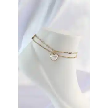 316L Çelik Gold Renk Beyaz Kalpli 2li Halhal