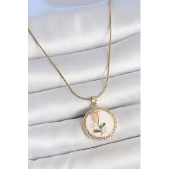 316L Çelik Gold Renk Beyaz Mineli İncili Çiçek İşlemeli Portre Model Kadın Kolye